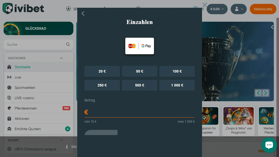 Ivibet Casino – Einzahlung mit Google Pay und Mastercard Einzahlungsfenster im Ivibet Casino mit Google Pay