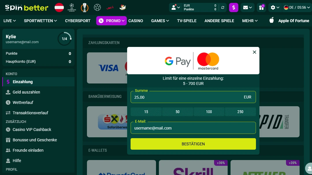 Spin Better Casino – Einzahlung mit Google Pay und Mastercard Einzahlungsfenster im Spin Better Casino mit Google Pay